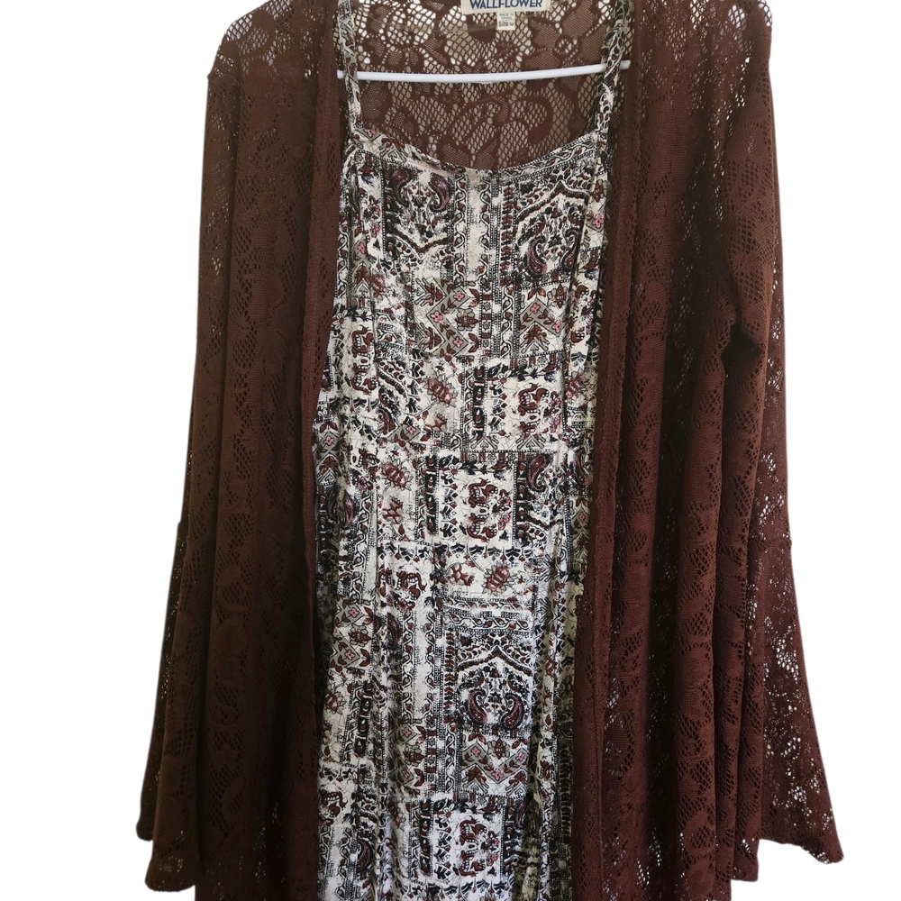 Wallflower Brown and White Boho Chic Lace Midi Dress 2pc Set